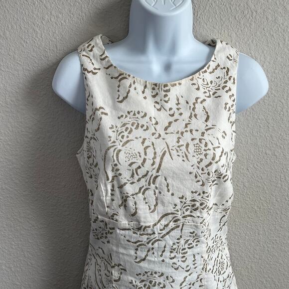 120% Lino Linen Blend White Floral Glitter Dress Women's 40 US 4 Sheath Modest - Picture 2 of 7